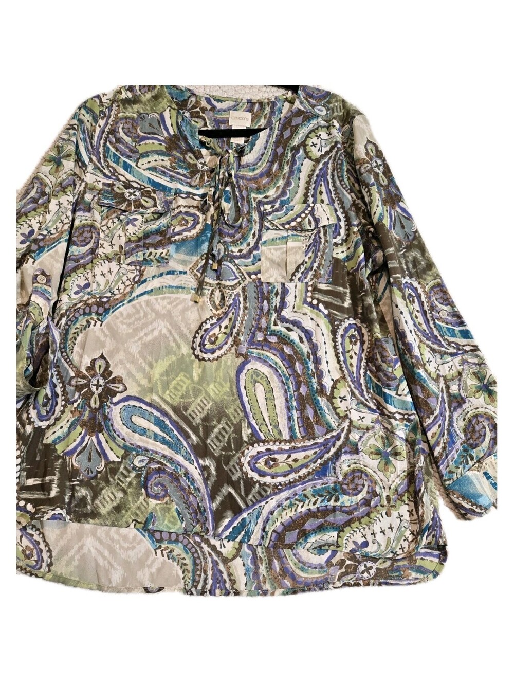 chicos size 2 Roll Tab Sleeve Blouse Tunic Multicolor Paisley Cottage Romantic